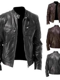 Men's Faux Leather Stand Collar Motorcycle Jacket with Zipper Pockets