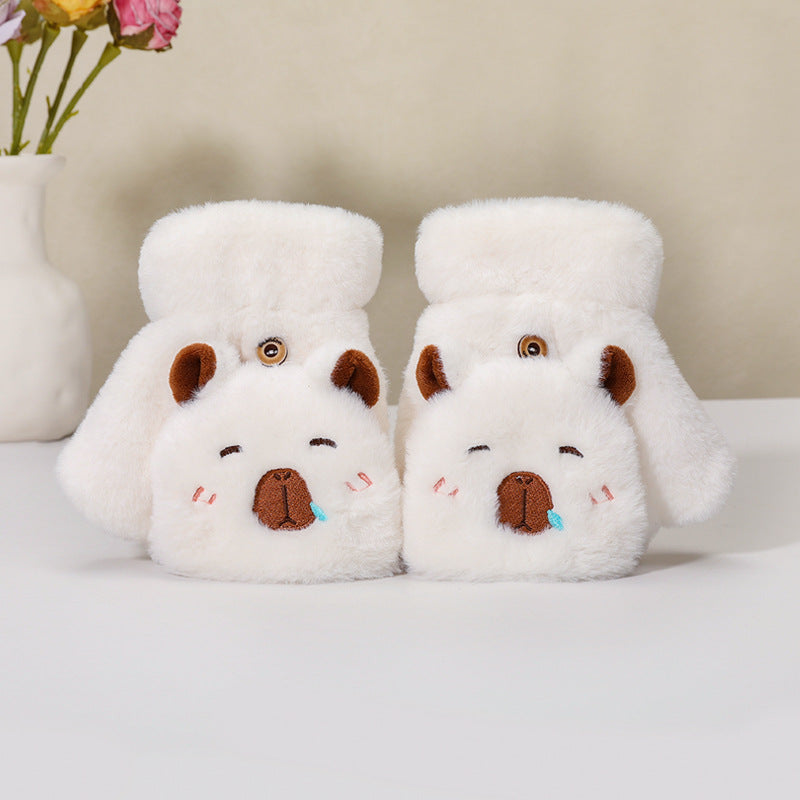 Cute Capybara Plush Half-Finger Flip-Top Touchscreen Gloves for Women, Winter Warm Thickened Student Cycling Cold Protection