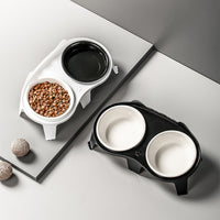 Ceramic Elevated Cat Food and Water Bowl Set with Stand, Tilted Design for Neck Protection, Non-Slip Double Bowls