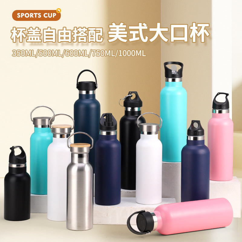 Stainless Steel Insulated Water Bottle with Bamboo Lid, Large Capacity Travel Flask with Handle