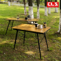 Portable Height-Adjustable Aluminum Roll-Up Camping Table with Wood Grain Finish for Outdoor BBQ & Picnic
