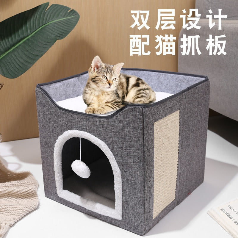 Foldable Double-Layer Cat Cave Bed with Removable Cushion for All Seasons