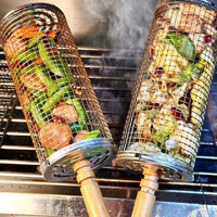 Stainless Steel Rolling BBQ Grill Basket for Roasting and Smoking