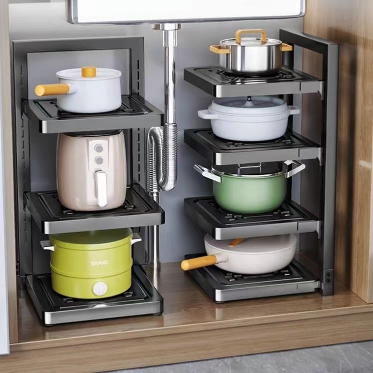 Multi-layer Adjustable Pot and Pan Storage Rack for Kitchen Counter and Cabinet