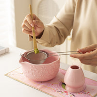 Japanese Ceramic Sakura Embossed Matcha Bowl Set with Spout and Whisk Tools