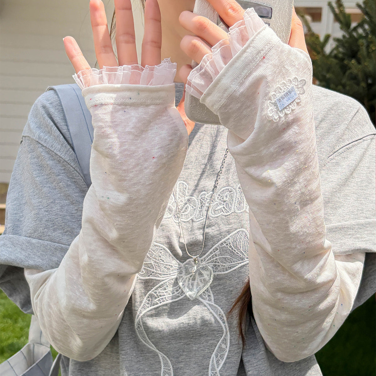 Korean Style Lace Trim Sun Protection Arm Sleeves for Women, Breathable UV Protection Outdoor Ice Sleeves