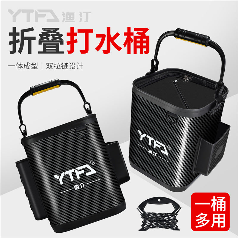 Portable Folding Fishing Bucket with Rod Holders and Side Pocket for Live Bait and Fish