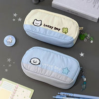 Cute Lucky Four-Leaf Clover Embroidered Cat Pencil Case Large Capacity Stationery Pouch Desk Organizer