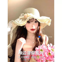 Women's Lace Flower Bowknot Straw Hat Summer Large Brim Sun Protection Beach Hat