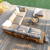 Outdoor Teak Sofa Set with Coffee Table, Nordic Solid Wood Woven Rattan Lounge Furniture for Patio Garden