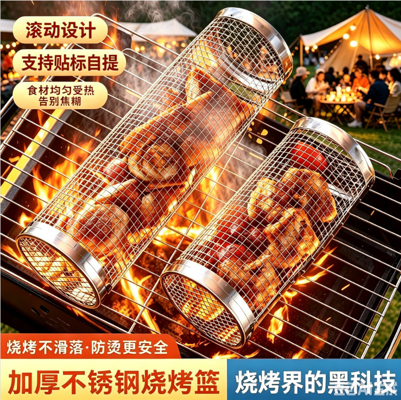 304 Stainless Steel Rolling BBQ Basket with Wooden Handle for Outdoor Grilling