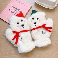 Women's Winter Lambswool Lined Warm Cartoon Plush Gloves with Neck Strap for Cycling