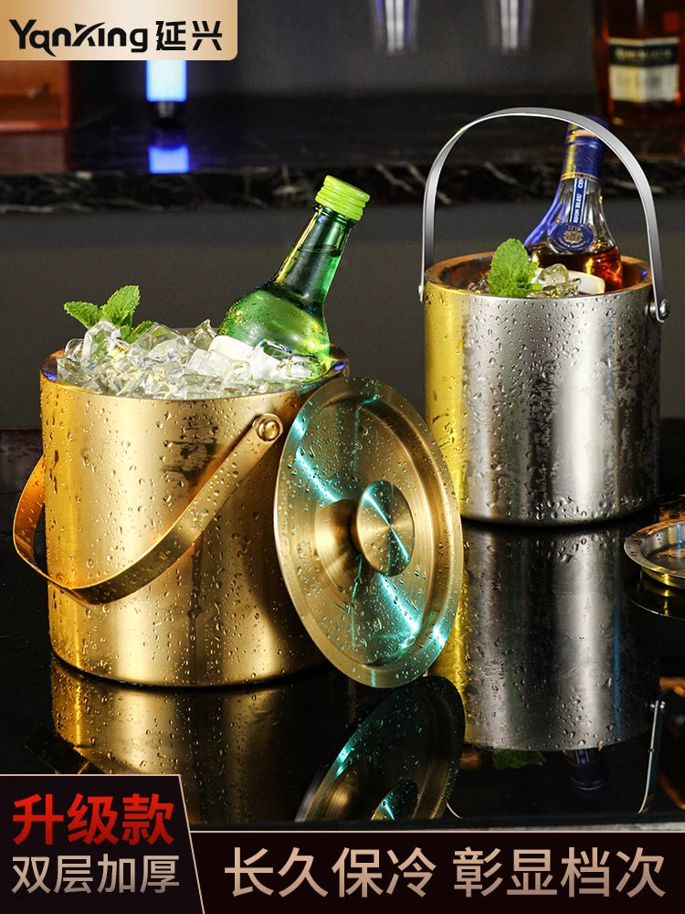 304 Stainless Steel Double-Layer Insulated Ice Bucket with Lid for Bar KTV Champagne Wine
