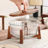 Genuace Glass Fruit Bowl with Lid and Wooden Base for Living Room, Coffee Table, Office