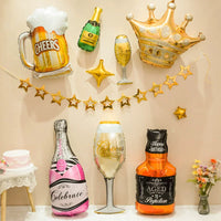 Champagne Bottle & Glass Crown Foil Balloon Set for Birthday & Anniversary Decorations