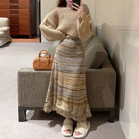 Vintage Knit Mesh Pullover Cardigan with Tassel Skirt Set