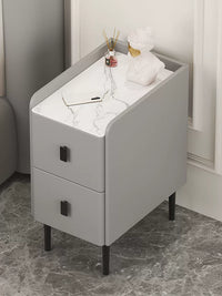 Modern Narrow Solid Wood Nightstand with Smart Rock Slab Top and Multiple Drawers
