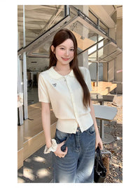 Korean Style Lace Patchwork Peter Pan Collar Short Sleeve Knit Cardigan for Women