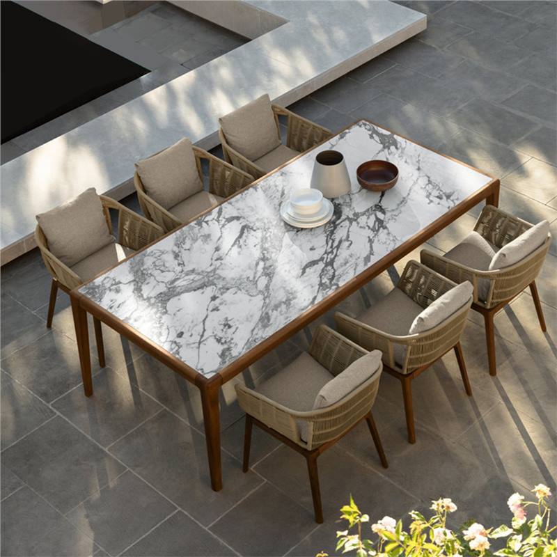 Nordic Outdoor Rattan Woven Dining Set with Teak Wood and Rock Slab Table