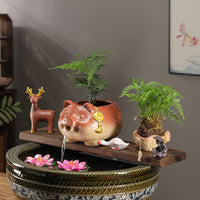 Ceramic Water Feature with Pig Figurine, Tabletop Fountain with Circulating Water, Waterfall Filter for Fish Tank Landscaping