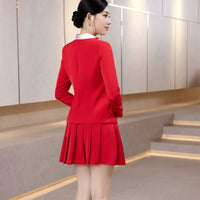 Women's Red Long Sleeve Band Uniform Suit with Pleated Skirt for Stage Performance
