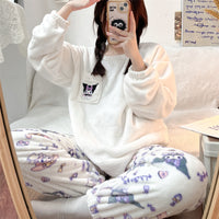 Women's Cartoon Flannel Pajama Set, Thickened Coral Fleece Winter Homewear