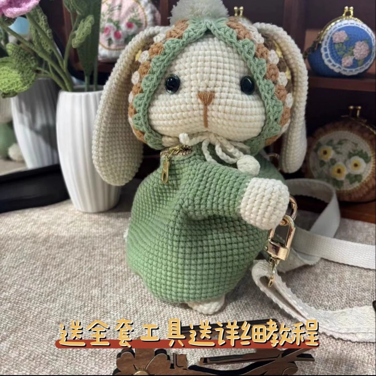 Hand-Crocheted Granny Square Big-Eared Rabbit DIY Knitting Material Kit for Shoulder/Backpack