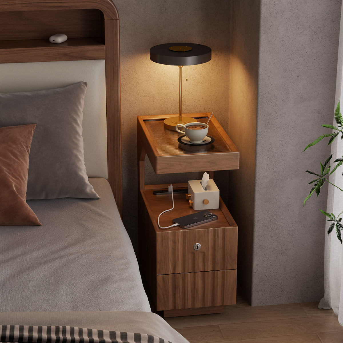 Mid-Century Modern Nightstand, Solid Wood Bedside Table with Storage, Narrow Smart End Table for Bedroom