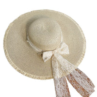 Lace Bowknot Straw Sun Hat for Women, French Style Wide Brim Beach Vacation UV Protection