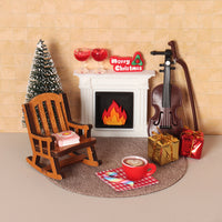 Dollhouse Christmas Miniature Scene Set with Fireplace and Rocking Chair, Living Room Decor Photo Props