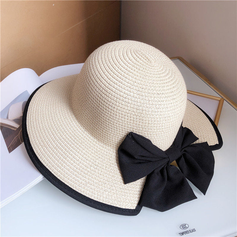 Korean Style Summer Sun Hat for Women, Bow Flat Top Wide Brim Sunscreen Beach Fedora, Versatile Fashion Travel Hat