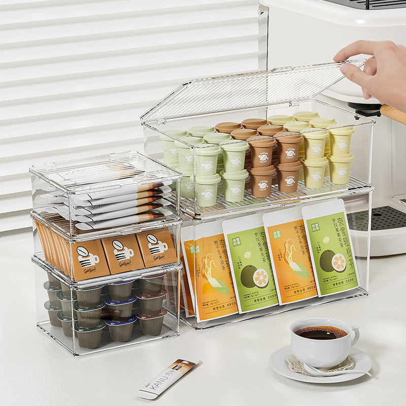 Stackable Clear Desktop Storage Box with Lid for Tea Bags, Coffee Pods, Snacks