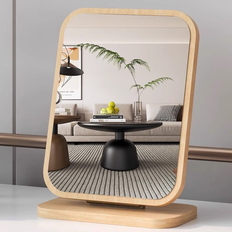 Rotatable Wooden Desktop Makeup Mirror with Foldable Stand for Home and Dorm