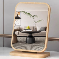 Rotatable Wooden Desktop Makeup Mirror with Foldable Stand for Home and Dorm