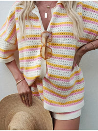 Women's Knitted Color Block Lapel Striped Short Sleeve Top and Shorts Set
