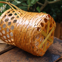 Handmade Lacquer Bamboo Woven Six-Grid Hollow Flower Vase with Handle for Home Decor and Storage