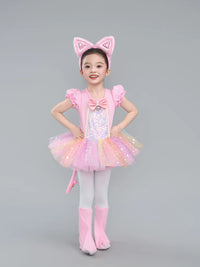 Kids Sequin Cat Costume Set with Headpiece, Foot Covers, Tail, and Bow for Dance Performance