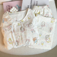 Women's Japanese Style Cloud Cotton Pajama Set with Peter Pan Collar, Long Sleeve Lace Trim Homewear