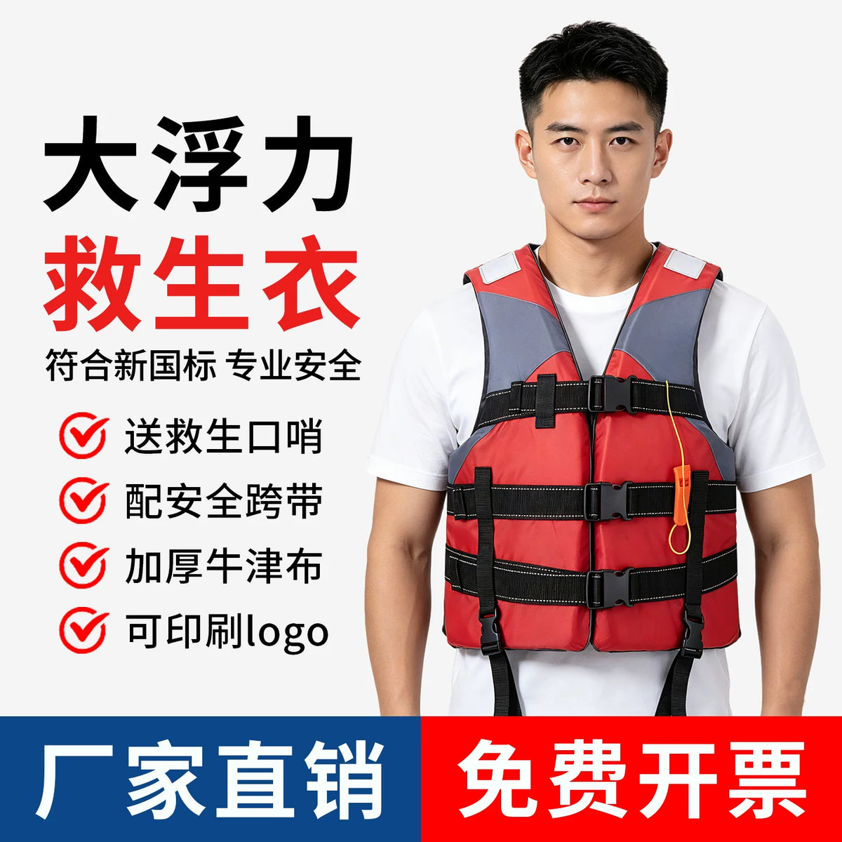 Adult & Kids Life Vest with Whistle, High Buoyancy for Boating, Fishing, Flood Control