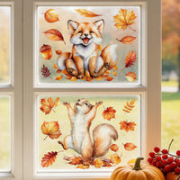 Autumn Cartoon Animal Static Cling Window Decals - Maple Leaf, Rabbit, Fox, Squirrel Glass Stickers for Thanksgiving Decor