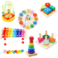 Kids Wooden Xylophone Lacing Clock Rainbow Stacking Blocks Educational Toy Set