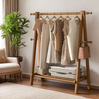 Solid Wood Freestanding Garment Rack with Storage Shelf
