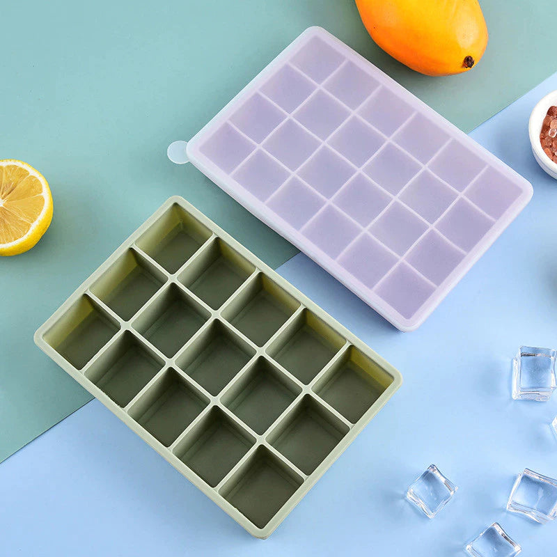 Covered Silicone Ice Cube Tray Set with Lid, Square Ice Mold for Home Freezing