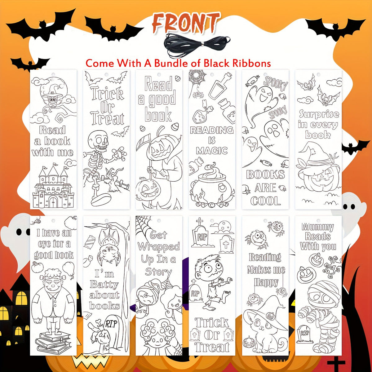 Halloween DIY Coloring Bookmarks for Kids, Trick or Treat Craft Activity