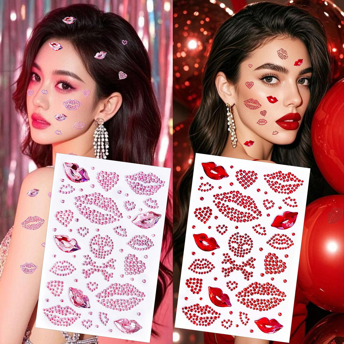 Valentine's Day Heart Lip & Diamond Face Stickers for Festive Makeup