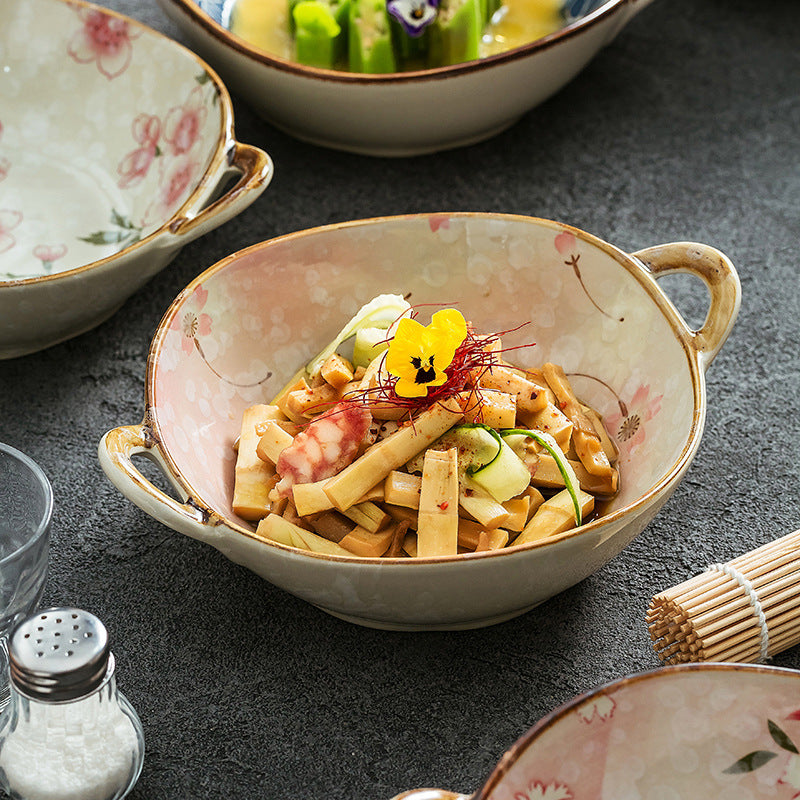 Japanese Style Ceramic Soup Noodle Bowl with Double Handles, Vintage Dessert Bowl