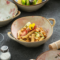 Japanese Style Ceramic Soup Noodle Bowl with Double Handles, Vintage Dessert Bowl