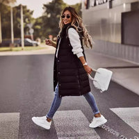 Women's Solid Color Hooded Single-Breasted Mid-Length Cotton Vest