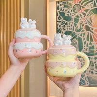 Cute Birthday Cake Ceramic Mug with Lid and Spoon, Gift for Girls and Friends