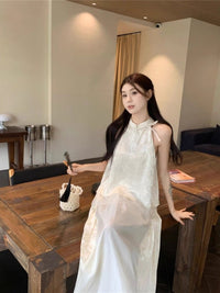 New Chinese Style Cheongsam Inspired Halter Top and Skirt Set for Women